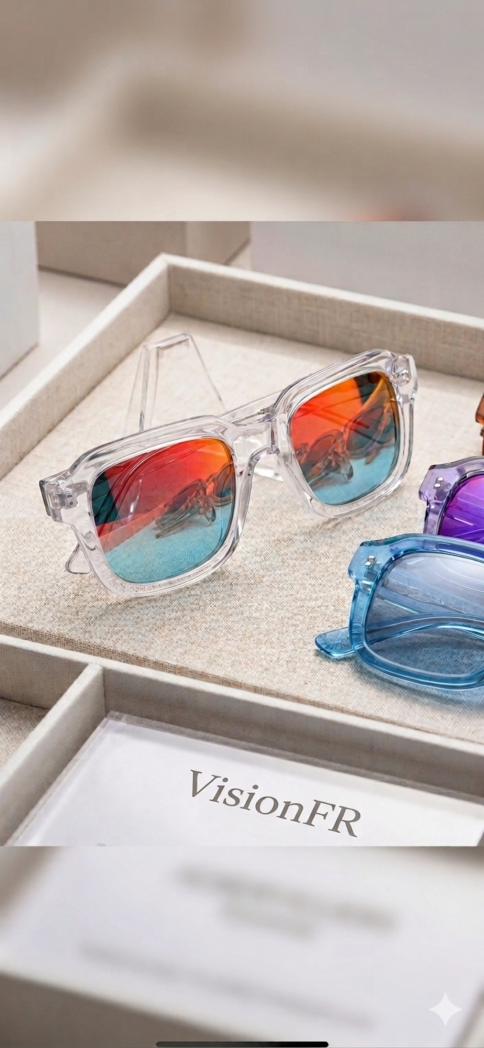 VisionFR — paires iconiques disposées sur un présentoir crème